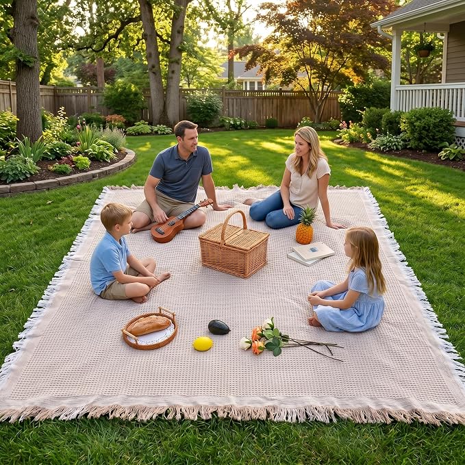 70"x 70" Picnic Blanket Extra Large,Layer Outdoor Blanket for 5 to 7 Adults,Camping Grass Lawn Park Accessories Cute Couple Gifts Ideas Wedding Registry for Park, Beach (Khaki)