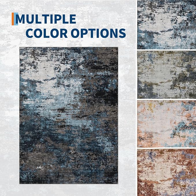 GarveeHome 4x6 Washable Area Rug Modern Abstract Blue Green | Non-Slip Backing, Stain-Resistant Low Pile Floor Cover, Colorful Indoor Mat, Bedroom, Kitchen, Laundry