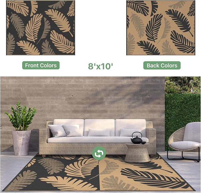 GENIMO Waterproof Outdoor Rug 8' x 10' for Patio Decor, Reversible Plastic Straw Area Rugs for Camping Clearance, RV Mat, Large Outside Carpet for Porch, Deck, Picni, Balcony, Garden, Black & Brown