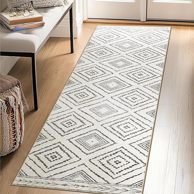 2'x6' Washable Area Rug for Living Room Runner White Black | Soft Western No Slip Low Pile Print Foldable Indoor Small Rug for Kitchen entrance entryway hallway