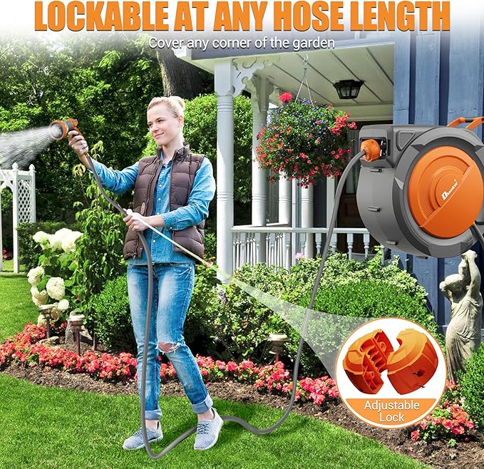 5/8" × 110 ft Retractable Hose Reel, Heavy Duty Retractable Garden Hose Reel Wall Mounted with 10-Pattern Hose Nozzle/Any Length Lock/Slow Return System/180°Swivel Bracket, Orange