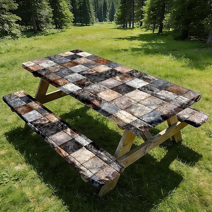 NYZE 3 Pieces Picnic Table Cover with Bench Covers Set, Camping Tablecloth, Tablecloth Cover with Drawstring Bag, Camping Essentials for Outdoor Picnics, Patio, BBQ (Stone Tile)