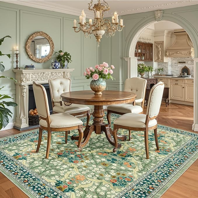 GarveeHome Sage Green Floral 8x10 Washable Area Rug Living Room Bedroom | Vintage Washable Low-Pile Non-Slip Carpet Soft Stain Resistant Rugs for Large Room Botanical Boho Rug TPE Backing