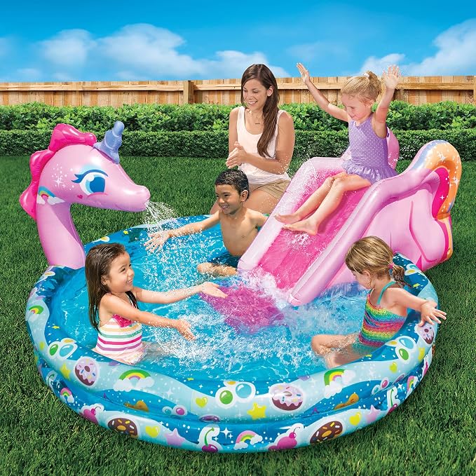BANZAI Spray 'N Splash Unicorn Pool, Length: 78 in, Width: 60 in, Height: 32 in, Inflatable Outdoor Backyard Water Slide Splash Toy