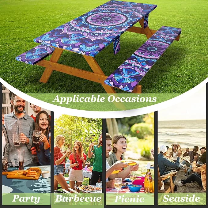 Wrakus Picnic Table Cover with Bench Covers Vinyl Elastic Edges Fitted Rectangle Tables Seat Waterproof 3-Piece 96X30in Set Outdoor Rectangular Folding Backing Tablecloth Camping Over Size Mandala