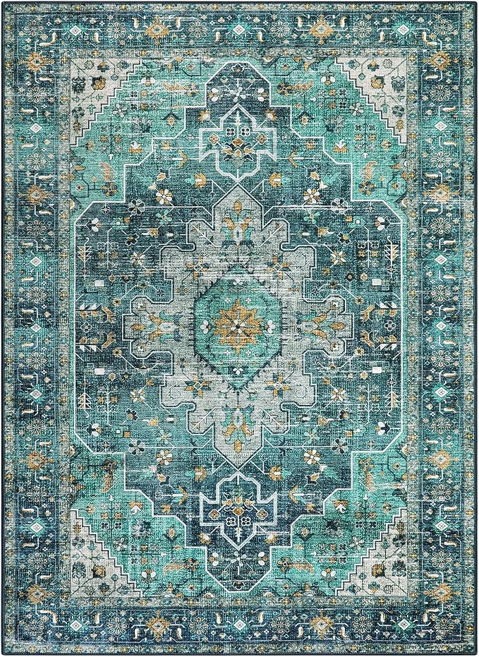 Moynesa Ultra-Thin Washable Area Rug - 4x6 Teal Living Room Rug Oriental Rugs for Bedroom, Non Slip Non Shedding Low Pile Entryway Carpet for Bedroom Dressing Room Office