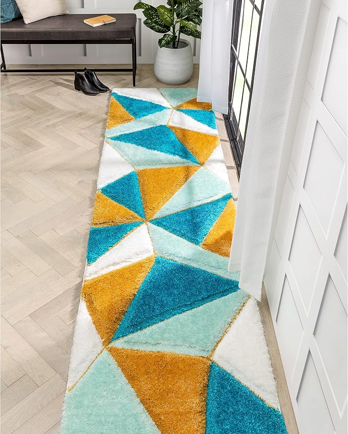 Well Woven Walker Blue Triangle Boxes Thick Soft Plush 3D Textured Shag (2'7" x 9'10") Runner