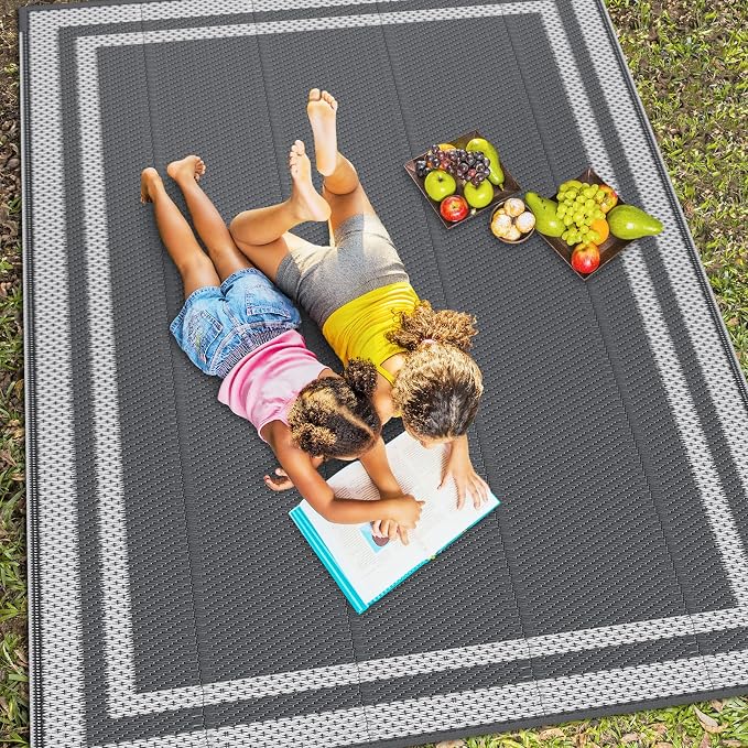 HappyTrends,Outdoor Rug,Patio Rug,Reversible Portable Plastic Straw Rug,Camping Rugs for Outside RV,Large Waterproof Area Rugs for Patio,Deck,Picnic,Porch,Balcony(6'x 9',White&Gray)
