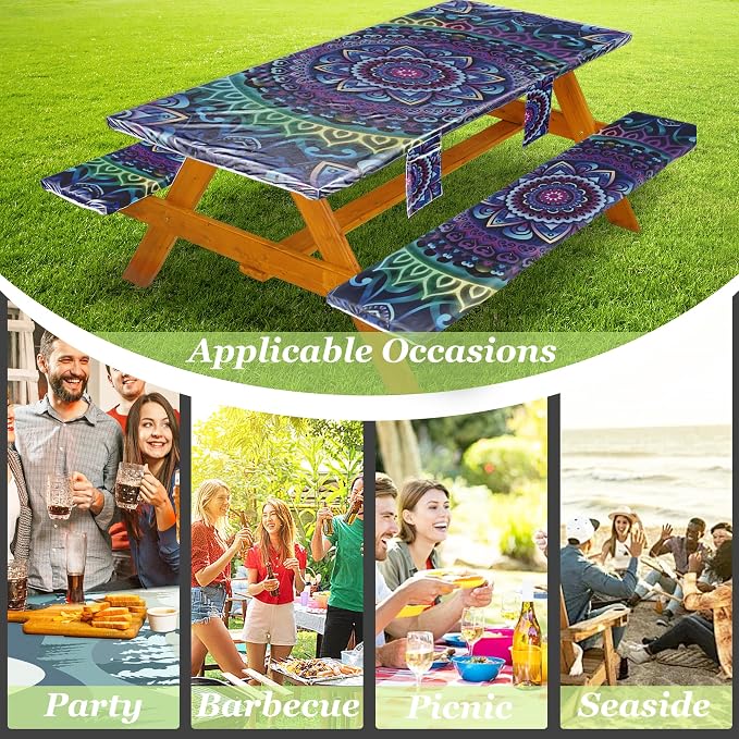 Wrakus Picnic Table Cover with Bench Covers Vinyl Elastic Edges Fitted Rectangle Seat Tables Waterproof 3-Piece96X30in Set Outdoor Rectangular Folding Backing Tablecloth for Camping Over Size