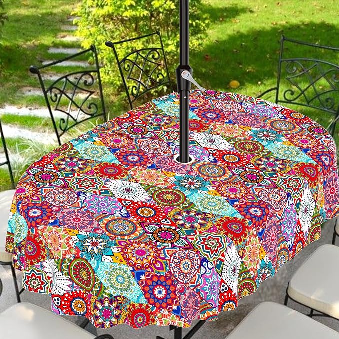 Outdoor Tablecloth with Umbrella Hole and Zipper, 60 x 84 Inch Vintage Oval Patio Table Covers for Spring/Summer, Machine Washable Picnic Table Cloth (Kaleidoscope, 60" × 120" Oval)