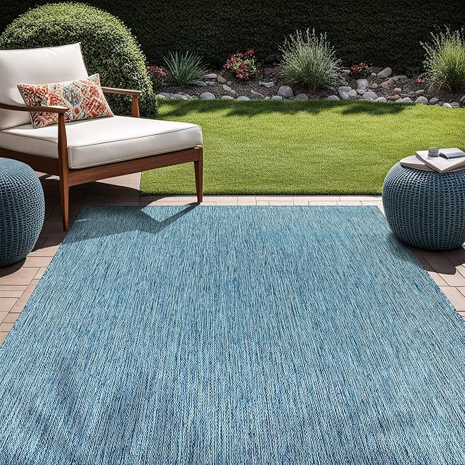 Beverly Rug Indoor Outdoor Rug 10x14, Washable Outside Carpet for Patio, Deck, Porch, Solid Modern Area Rug, Water Resistant, Aqua Blue