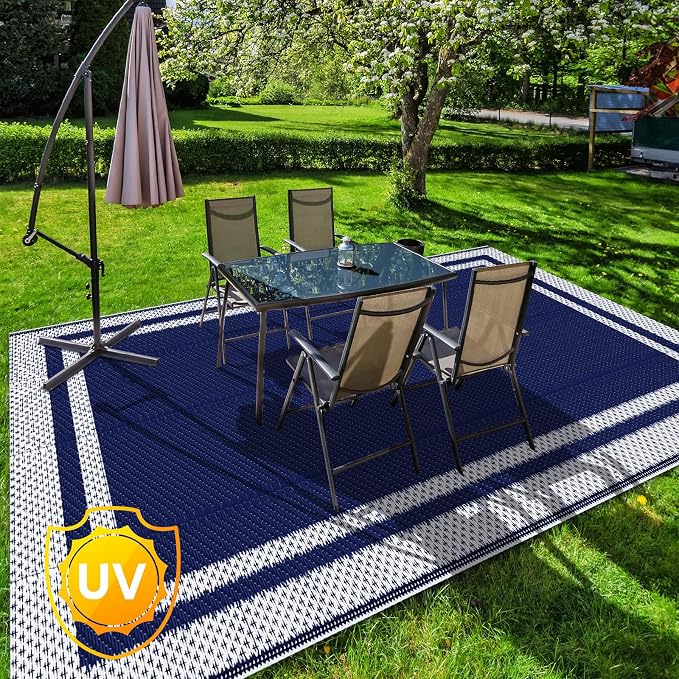 KMAT Outdoor Rug, Waterproof Reversible Patio Rugs, 8x10ft Large Outdoor Area Rug Foldable Plastic Camping Rugs for Outside RV, Patio,Picnic,Camper,Balcony,Porch (Blue &White)