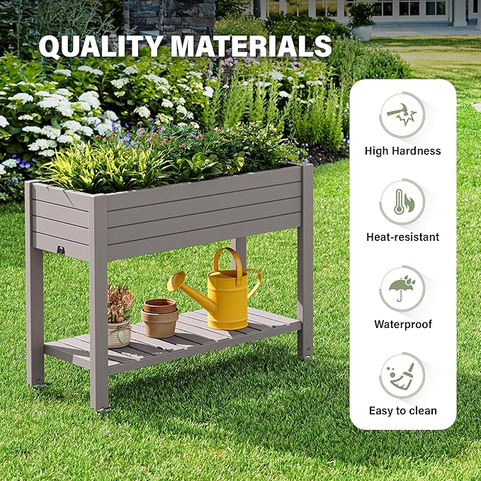 33.7" Tall Raised Garden Bed with Wheels, Divisible Resin Planter Box with Drainage Gauge & Storage Shelf, Herb Planter for Garden Patio Backyard, Medium Gray (33.7" h)