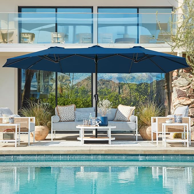 SUPERJARE 15FT Outdoor Patio Umbrella with Base Included, Double Sided Pool Umbrellas with Fade Resistant Canopy, Extra-Large Table Umbrella for Deck, Market, Backyard, Navy Blue