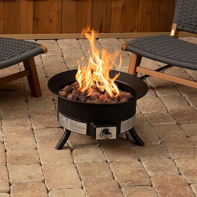 Amazon Basics Portable Propane Fire Pit, 19 inch Round Gas for Patio, 55,000 BTU, Carry Strap, Heat, Warmth and Ambience