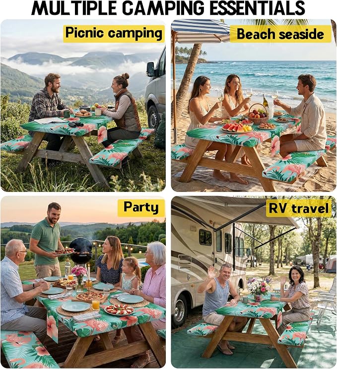 Picnic Table Cover with Bench Covers Waterproof Elastic Rectangle Reusable Folding Tablecloth Mantelería Manteles Camping Essentials Rv Car Travel Supplies Table Cloth Outdoor Road Trip Camper Gifts
