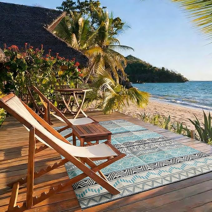 Outdoor Rug 9 x 12 ft, Reversible Plastic Straw Rug for Patio, Waterproof Large Outdoor Carpet for RV, Patio, Camping, Backyard, Deck, Picnic, Beach, Blue & Grey