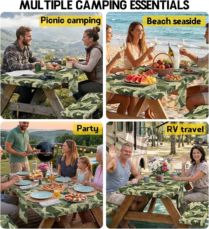 Picnic Table Cover with Bench Covers Waterproof Elastic Tablecloth Camping Essentials Gear Table Cloth Outdoor Glamping Cool Camping Gifts for Camper RV Owner Camping Lovers Family Couple Women Men