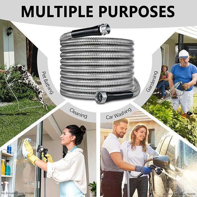 50ft Garden Hsoe - 2026 New 304 Stainless Steel Garden Hose with 3/4'' Fittings – Lightweight, Durable, and Kink-Free, Metal Water Hoses for Gardening