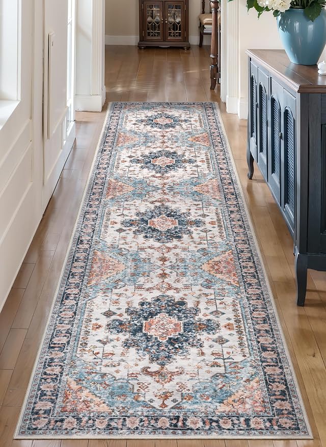 Tangsoo 2.6x8 Washable Runner Rug for Hallways, Non Slip Vintage Runners | Oriental Soft Low Pile Long Runner, Boho Carpet Runners for Kitchen Bedroom Entryway Bathroom Living Room Blue/Orange Decor