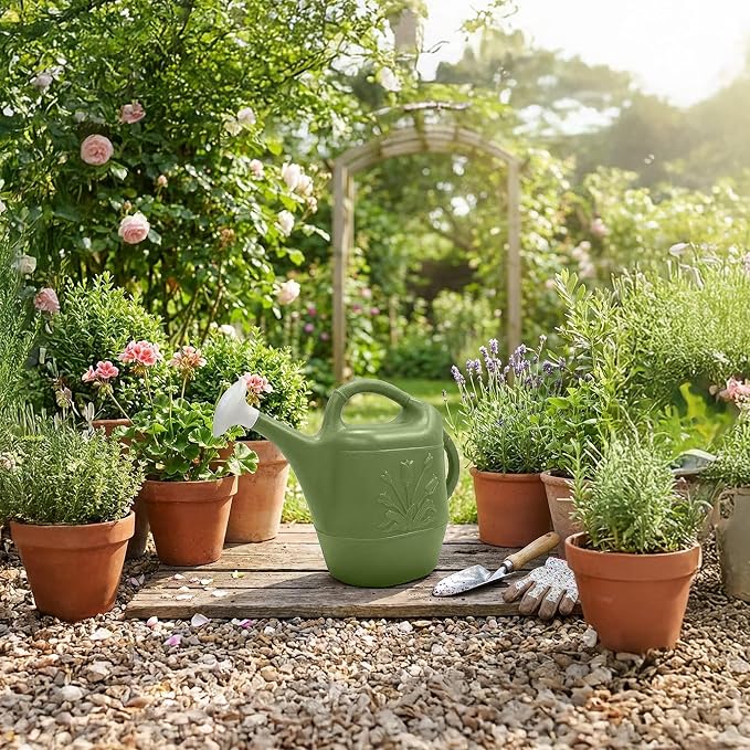 Union Products 63068 2 Gallon Plastic Indoor/Outdoor Watering Can w/Tulip Design for Garden, Potted Plants, & Patio Pots, Sage Green