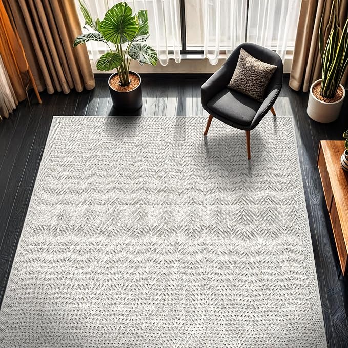 CAMILSON Easy Jute Rug 9x12, Indoor Outdoor Off-White Color Fiber Area Rugs for Living Room and Patio Rug Herringbone Seagrass Boho Woven Design Easy-Cleaning Washable Outside Carpet Alfombras 9 x 12