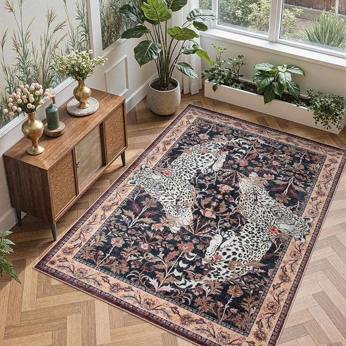 Moynesa Leopard Washable Area Rugs for Living Room, 5x7 Vintage Soft Rug for Bedroom, Non Slip Boho Ultra Thin Large Stain Resistant Throw Rug for Dining Guest Room, Puce Red