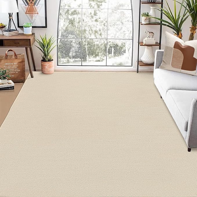 Garvee 9x12 Area Rugs for Living Room Solid Color Washable Rug, Beige | Modern Textured Weaving Non Slip Low Pile Non Shedding Stain Resistant Foldable Soft Rug for Bedroom Dining Room Nursery
