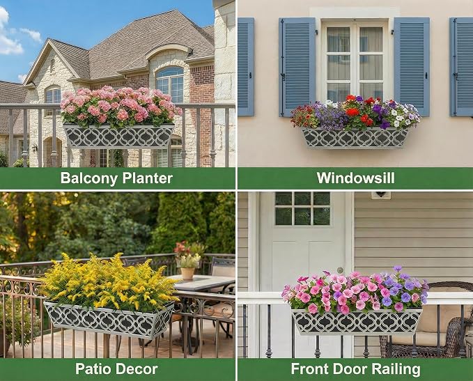 Y&M 24'' Railing Planter Box Set with Black Non-Woven Liner, Gray Metal Large Hanging Flower Boxes with Adjustable Brackets for Fence, Deck, Balcony, and Garden - 4 Pcs