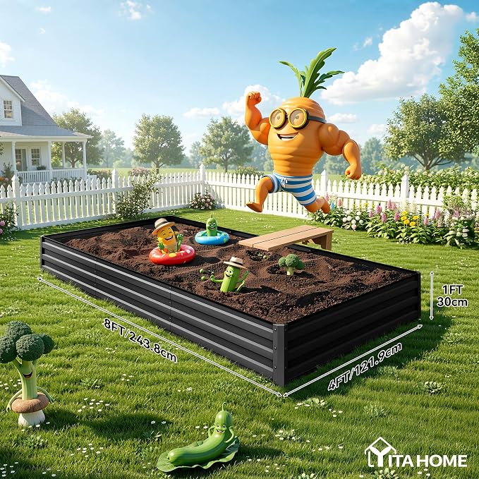 YITAHOME 2pcs 8x4x1ft Galvanized Raised Garden Bed, Metal Planter Box with Safety Rubber, Gloves, Outdoor Flower Bed for Planting Plants Vegetables, Black