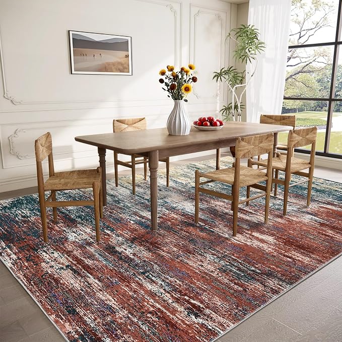 ROYHOME Modern Abstract Living Room Rug 8x10, Red/Multi | Washable Area Rugs for Bedroom, Stain Resistant Non Slip Large Rug, Soft Indoor Carpet for Dining Room Table Home Decor,