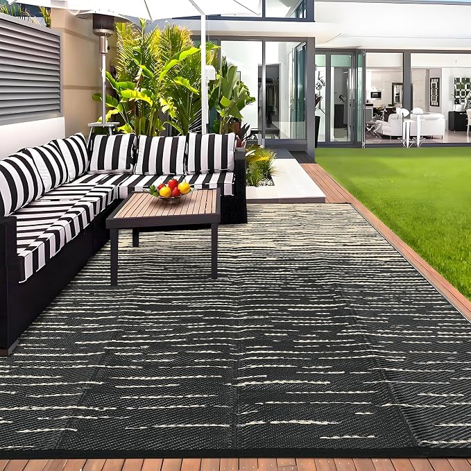 Garvee Patio Rugs Outdoor Waterproof 8x10 Modern Outdoor Camping Rug, Neutral Striped Plastic Straw Rugs, Reversible UV Resistant Outside Carpet for Picnic Backyard Deck Camper Balcony, Black Coffee