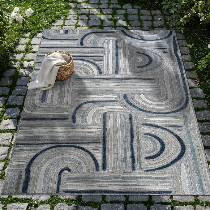 CAMILSON Indoor Outdoor Rug, Blue 6x9 Geometric Arch Striped Area Rugs for Patio and Home Areas, Easy-Cleaning Non-Shedding Living Room, Garden and Deck Washable Outside Carpet (6 x 9)