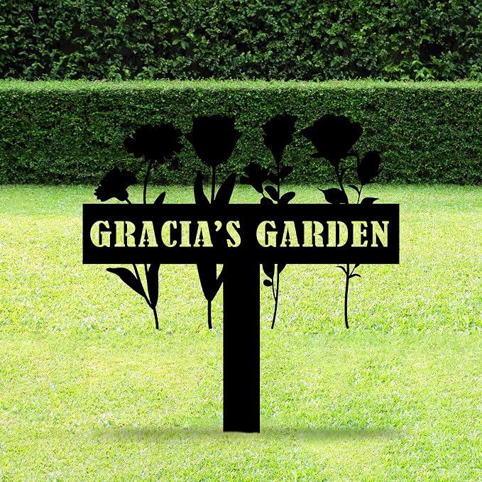 Personalized Flowers Garden Sign with Stakes, Customized Metal Sign for Outdoor, Custom Flowers Metal Garden Decor, Sign for Flower Beds, Metal Yard Art, Patio Garden Decorations, Housewarming Gift
