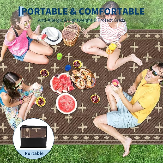 Outdoor Patio Rug 9x18 Waterproof Outside Area Rugs Modern Reversible Plastic Straw Carpet for RV Deck Camping Entryance Porch Picnic Balcony Beach,Brown/Coffee