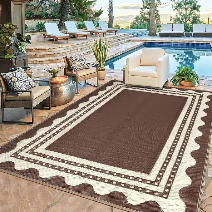 IDEALHOUSE Waterproof Outdoor Rug 9x12 for Patio, Reversible Modern Area Rug, Large Plastic Straw Mat for Camping, RV, Porch, Backyard, Deck, Picnic, Beach, Brown & Beige