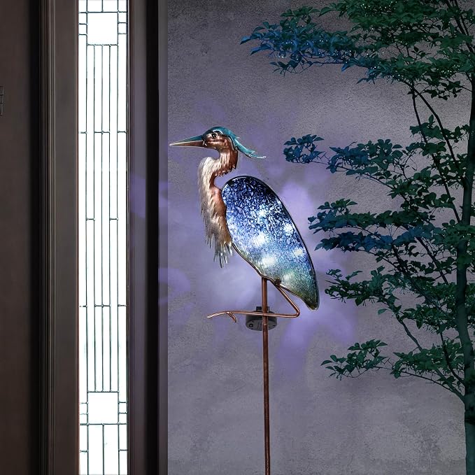 TERESA'S COLLECTIONS Blue Heron Garden Decor for Outside, Glass Solar Lighted Lawn Ornament for Yard Art, Weatherproof Decorative Stake for Patio Outdoor, 39 Inch