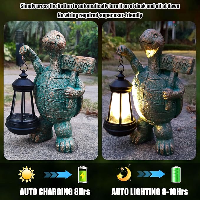 Turtle Garden Statue Outdoor Décor with Solar Lights Lantern,Turtle Solar Light Figurines Outside Decorations for Yard,Lawn ,Patio, Balcony, Unique Housewarming Gifts