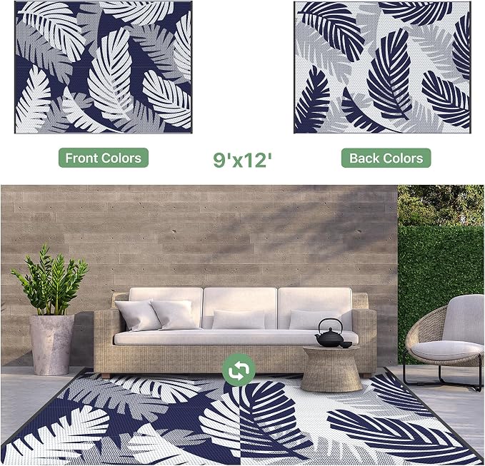 GENIMO Waterproof Outdoor Rug 9' x 12' for Patio Decor, Reversible Plastic Straw Area Rugs for Camping Clearance, RV Mat, Large Outside Carpet for Porch, Deck, Picni, Balcony, Garden, Blue & White