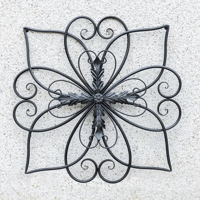 Glitzhome Black Metal Wall Art Decor, 20 Inch Iron Wall Decor with Heart and Petal Scroll Design, Indoor Outdoor Wall Accent for Garden Porch Patio
