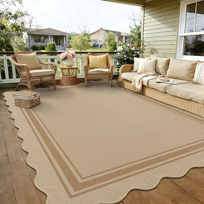 6x9 Scalloped Rug Easy Jute Washable Outdoor Patio Rug for Living Room Indoor Outdoor Tan Geometric Neutral Carpet for Backyard Patio Dining Room