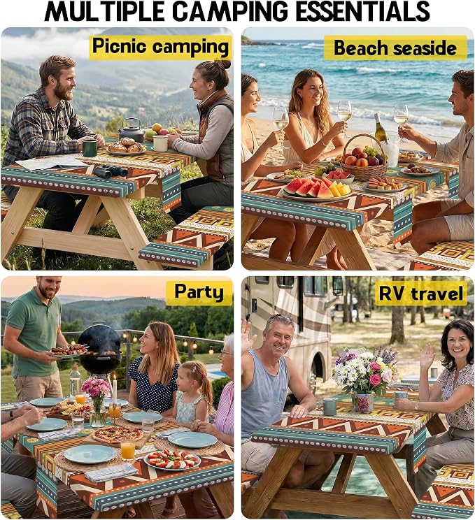 Fitted Picnic Table Cover with Bench Covers Fitted Rectangle Table Cloth Tablecloth Camping Gear Essentials Rv Accessories Road Trip Supplies Car Travel Must Have 6 Ft Foot Feet 72in Bohemian Boho