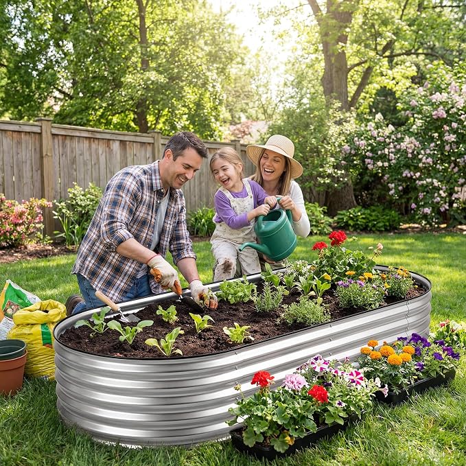 DUMOS Galvanized Raised Garden Bed, 8x4x1ft Outdoor Metal Planter Box, Heavy-Duty Planter Raised Bed for Vegetables Herbs Flowers, Oval Rustproof Flower Beds for Backyard Patio, Open Bottom