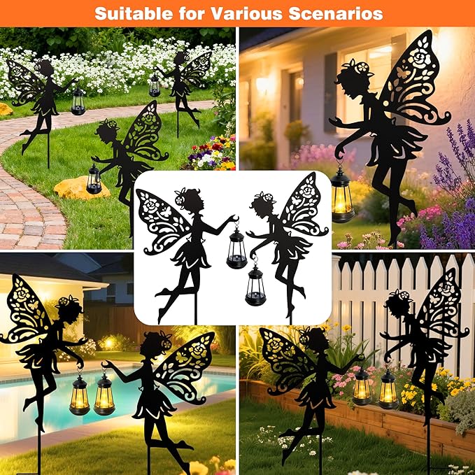 Solar Fairy Garden Lights Outdoor, 2 Pack Hanging Lantern Fairy Stakes with LED Warm Glow, Waterproof Metal Silhouette Yard Decor for Patio Lawn Pathway, Garden Gifts for Women Mom
