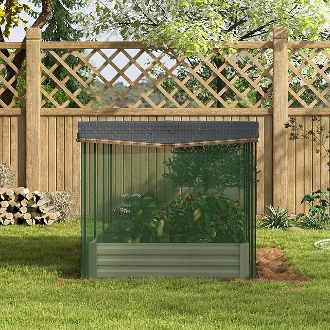 Outsunny 7.3 x 3.4 x 1 ft Galvanized Raised Garden Bed with Crop Cage Plant Protection Net and Shade Cloth Roof, Metal Planter Box with Cover for Vegetables, Flowers, Herbs, Beige
