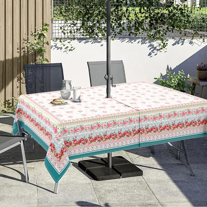 Outdoor Tablecloth with Umbrella Hole and Zipper, Rectangle Patio Table Covers for Spring/Summer, Machine Washable Outdoor Picnic Table Cloth (Pioneer, 60" × 84" Rectangular)