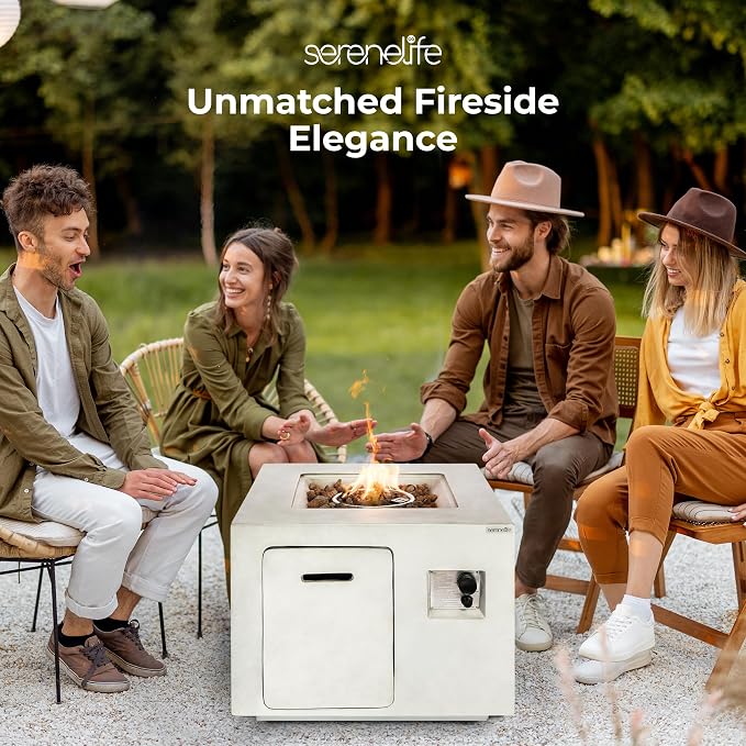 SereneLife Propane Fire Pit Table – 40,000 BTU Outdoor Firepit, Weather-Resistant with Stainless Steel Burner, Adjustable Flame, ETL Certified, Protective Cover, 30 x 30 x 23.6 Inches
