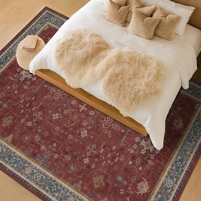 Moroccan Big Rugs for Living Room - Dark Red 10x14 Area Rug for Large Bedroom, Dining Room, Washable Lightweight Low Pile Foldable Oriental Burgendy Home Décor