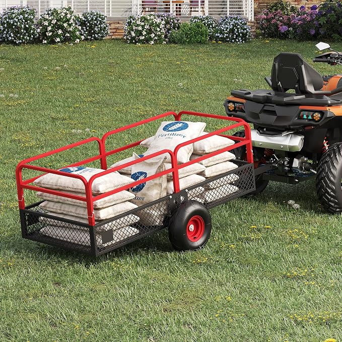PeakPursuit Tow Behind Steel Dump Cart, Heavy Duty Yard Garden Trailer with Removable Sides & All Terrain Tires, Fits Lawn Mower, Tractor, Garden Cart, 1500 lbs 20 Cubic Feet, Red