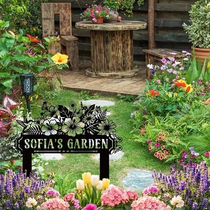 Personalise Flower Sign with Stake, Personalized Floral Garden Name Marker, Bird Sign Butterfly Metal Art, Gift for Gardener